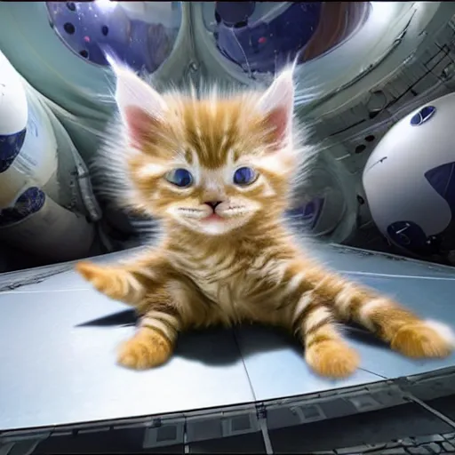 Image similar to 3D realistic action sequence of an astronaut ((cream colored maine coon kitten)) floating next to the James Webb Telescope in outer space, an unopened bag of kitty litter floats nearby, in the background friendly cute cute cute alien spacecraft