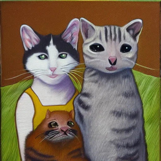 Image similar to portrait painting of cat and quokka in the style of american gothic