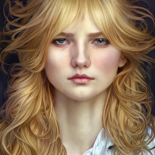 Image similar to A young woman with blonde long hair and bangs in shorts and white shirt drawn by Donato Giancola and Artgerm, face by Adam Hughes, Light by Julie Bell, design by alphonse mucha, background by James Jean and gustav klimt and John Marshall Gamble, 4k, volumetric lighting, french nouveau, trending on artstation, octane render, hyperrealistic