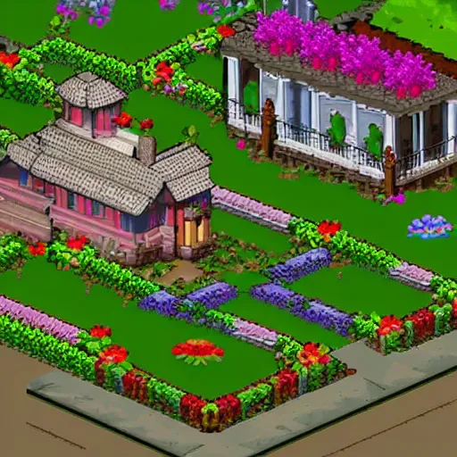 Prompt: a large house with flowers in front of it, from a Lucasarts graphic adventure game made in 1992