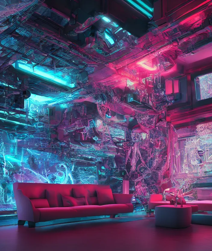 Prompt: japanese model cybernetic sofa with digital led skin, neon lighting, techno neon projector background, promotional photo, intricate details, ultra realistic, unreal engine 5, depth of field, bokeh, octane render