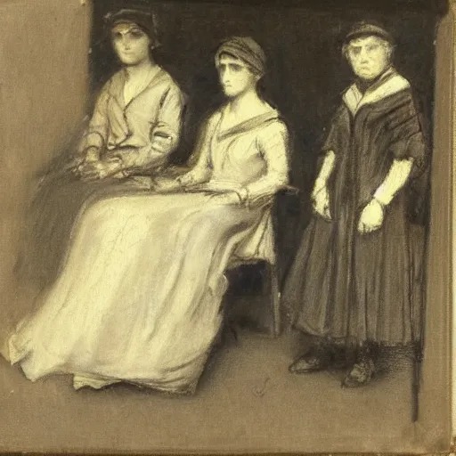 Image similar to a young woman and five man attending a funeral, by alfred stevens, charcoal