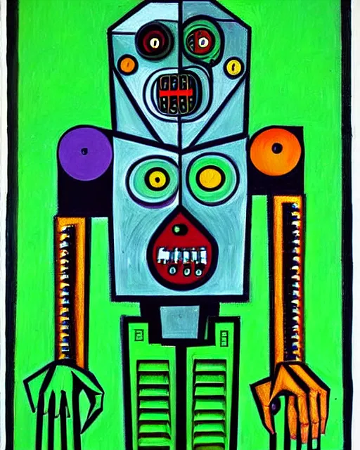 Prompt: detailed painting green cyberpunk mechanical robotic frankenstein monster from the 8 0 s vibe cubism painting by picasso