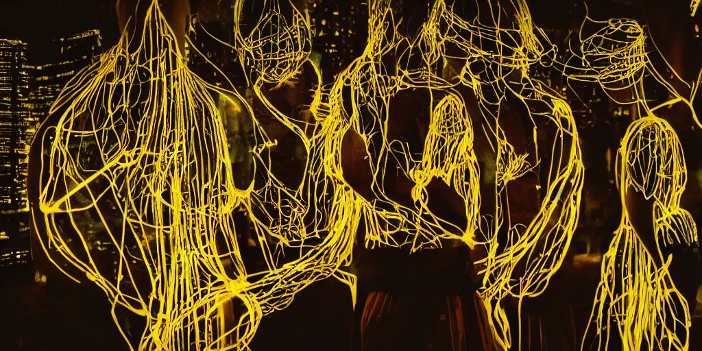 Image similar to love, double exposure groups of people with glowing bodies, from behind, rebirth, wide angle, cinematic atmosphere, elaborate wires, highly detailed, vivid colors, dramatic lighting