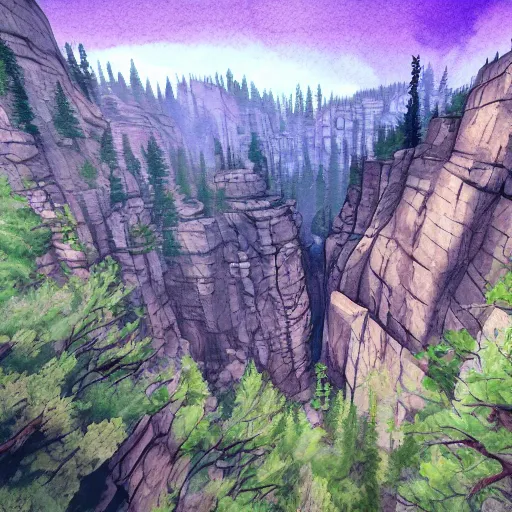 Prompt: pov shot, standing on a cliff and looking into a huge canyon filled with beautiful forest, game fallout 4 style, rubbing alcohol watercolor, hyper detailed, high contrast