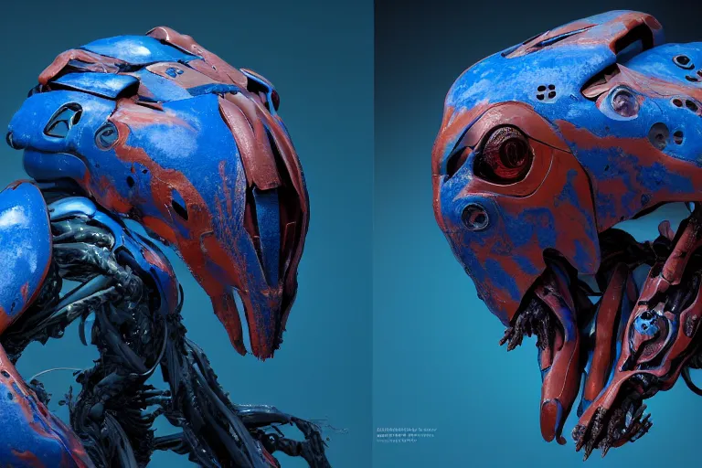 Image similar to portrait of a posed hyper detailed ultramarine burrower evangelion realistic mechanical and fleshy organic creature similar look as horizon forbidden west horizon zero dawn bioluminiscence in a dark deep forest at dawn in spring, with reflection and textures, by kilian eng, substance painter reaslitic mech surface metal painted scratches