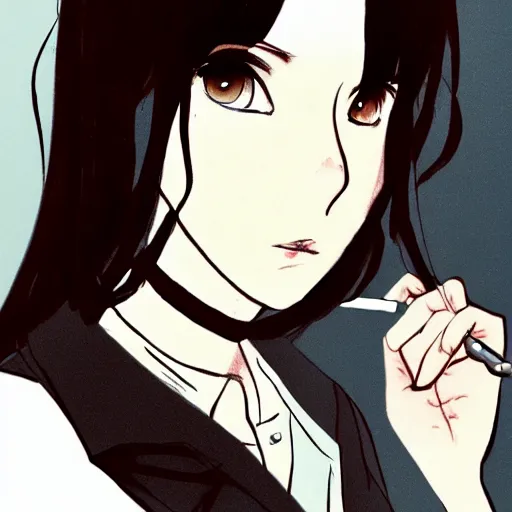 Image similar to portrait of a girl with short brown hair, wearing a white blouse and black choker, smoking a cigarette, drawn by WLOP, by Avetetsuya Studios, attractive character, colored sketch anime manga panel, unsaturated, dull colors, trending on Artstation