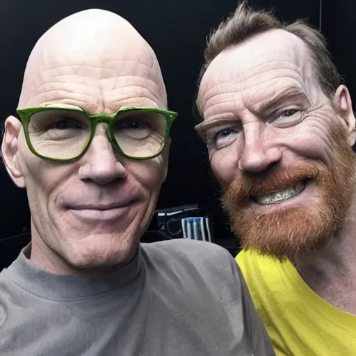 Prompt: Jerma taking a selfie with Bald Bryan Cranston with a goatee in Albuquerque, New Mexico with a yellow filter, real life, hyperrealistic, ultra realistic, realistic, highly detailed, epic, HD quality, 8k resolution, body and headshot, Trending on Artstation, very realistic