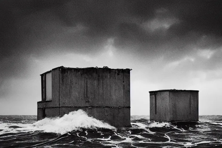 Image similar to high key lighting, ighting storm, danila tkachenko, photograph of an abandoned soviet building block in the middle of the ocean, big waves. dramatic lighting