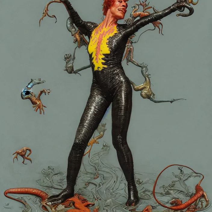 Prompt: a portrait photograph of sigourney weaver as a brightly colored harpy salamander hybrid with wet mutated skin. wearing a prosthetic organic catsuit like a dominatrix. by tom bagshaw, donato giancola, hans holbein, walton ford, gaston bussiere, brian froud, peter mohrbacher and magali villeneuve. 8 k, cgsociety