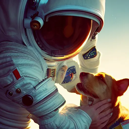 Image similar to a beautiful photo of an astronaut patting his dog, soft light, morning light, photorealistic, realistic, octane, 8k, cinematic shot