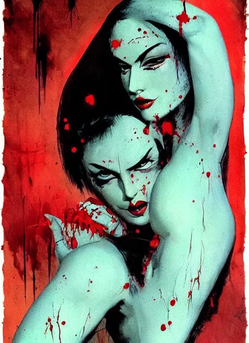 Image similar to portrait of bald iranian vampiress, strong line, saturated color, beautiful! coherent! by frank frazetta, high contrast, blood splatter background