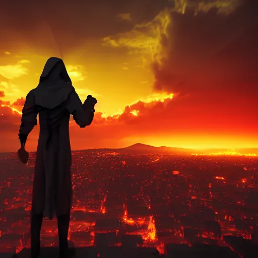 Prompt: Red grim reaper watching over a city in flames, yellow sky, 8k resolution