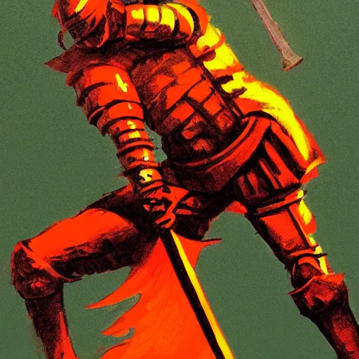 Image similar to Crying knight impaling comrade with sword in the style of Jeffrey Catherine Jones