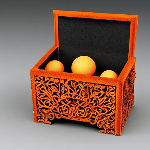 Image similar to a small arabesque carved wooden box with the lid open displaying a magic orange glowing orb inside. the box is sitting on a wooden tabel top with paper and magazines surrounding the box, hyper detail, dramatic lighting, octane render, unreal engine