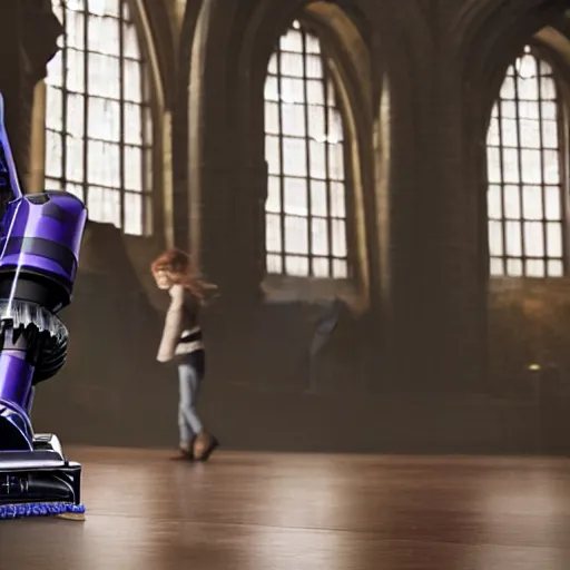 Image similar to Harry Potter riding a Dyson vacuum, 4k, detailed, ultra realistic, 4k