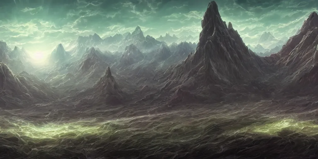 Image similar to The eldritch landscape with mountains in the background and great river down the middle, Sci-Fi fantasy desktop wallpaper, painted, 4k, high detail, sharp focus