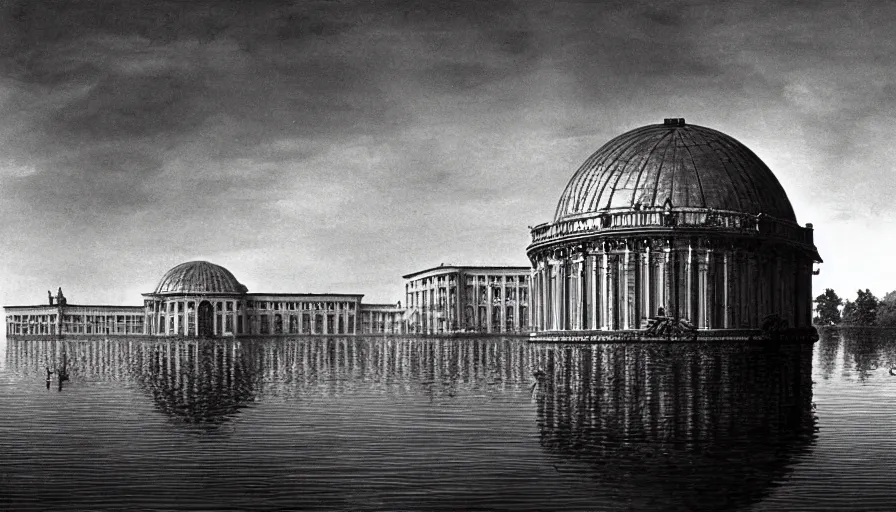 Prompt: 1 9 7 0 s movie still by andrei tarkovsky of a neoclassical sphere palace with a lake in the middle, by piranesi, panoramic, ultra wide lens, cinematic light, lens flare