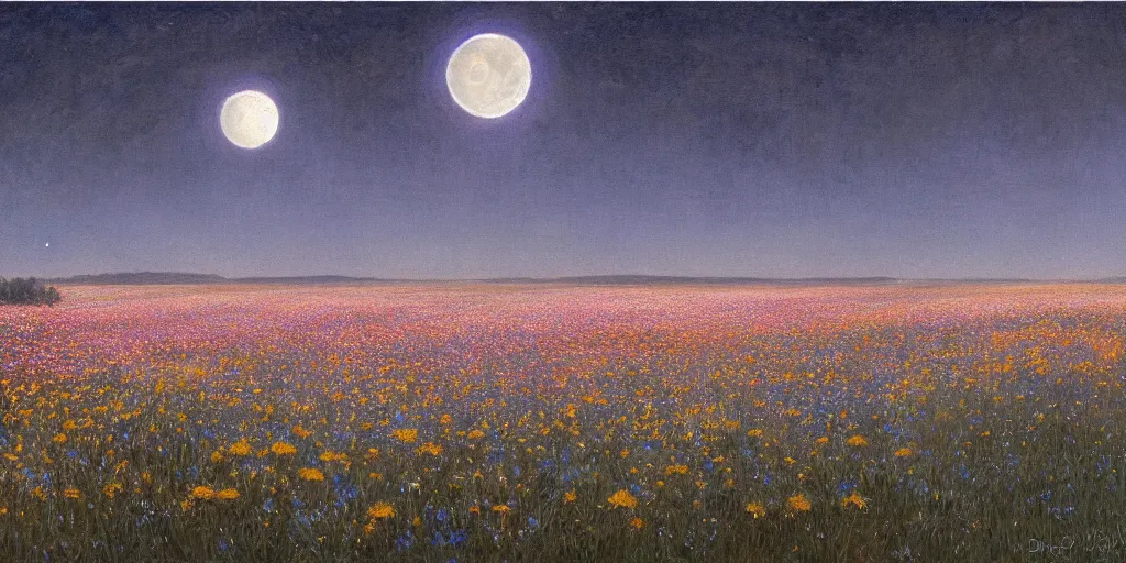 Image similar to field of flowers at night, lit by moonlight, grand landscape art by donato giancola and greg rutkowski, vintage retro, digital art, trending on artstation, symmetry!!, volumetric lighting