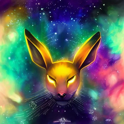 Image similar to geometric symmetrical jolteon with galaxy eyes in space, nebula in the background, intricate, elegant, highly detailed, digital painting, artstation, concept art, smooth, sharp focus, illustration, art by artgerm