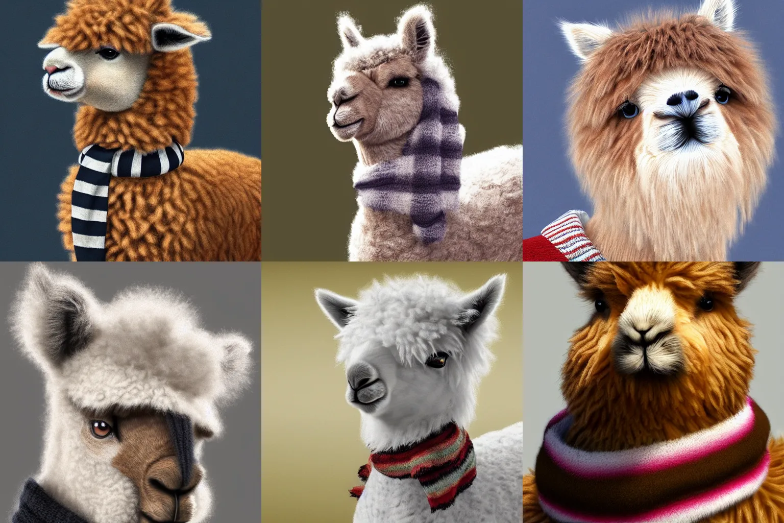 Prompt: photoreal art of a fluffy alpaca wearing a striped scarf, trending on ArtStation