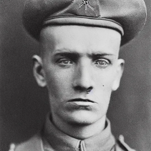 Image similar to World War 1 soldier with shellshocked expression, close-up, photograph