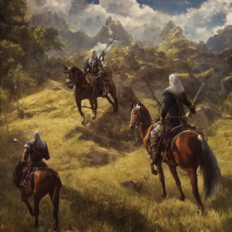 Prompt: witcher 3 the wild hunt riding in naglfar, in the style of fernando amorsolo drawings, artistic, highly detailed, 8 k, landscape