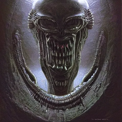 Image similar to space alien, slimy, glossy, sharp teeth, by h. r. giger, beksinski, odyssey 2 0 0 1, nightmare fuel, nightmarish, intricate, highly detailed, optical illusion, stranger things demogorgon, cave lighting, flickering