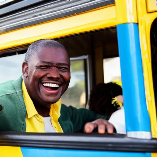 Image similar to African-American school bus driver smiling and waving at children as they exit a yellow school.