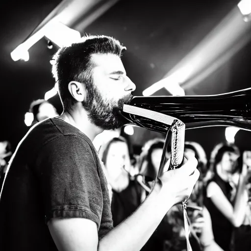 Prompt: photography of the musician marc rebillet drinking champagne at his concert, public is annoyed and throws cans on the stage, 4 k,