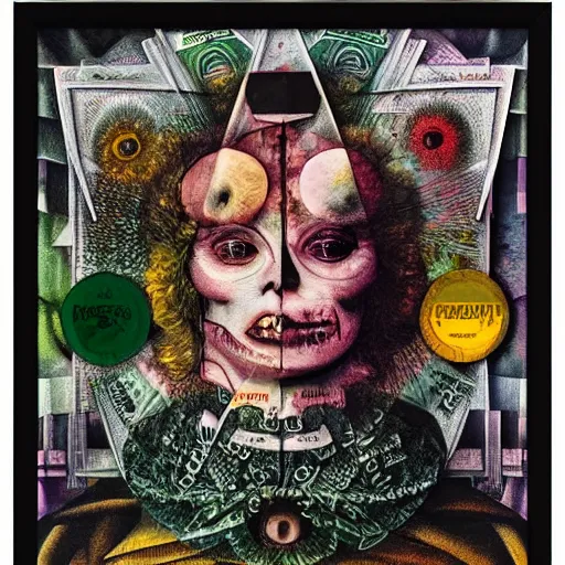 Image similar to post - punk new age album cover, asymmetrical design, in a frame, dollar bank notes, capitalism, magic, apocalypse, psychedelic, black white pink, magic, giger h. r., giuseppe arcimboldo