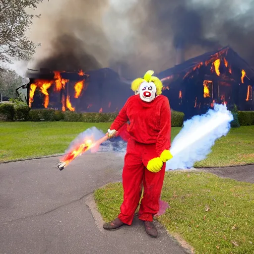 Image similar to photo of a clown using a flamethrower. In the background there is a house fire. award-winning, highly-detailed, 8K