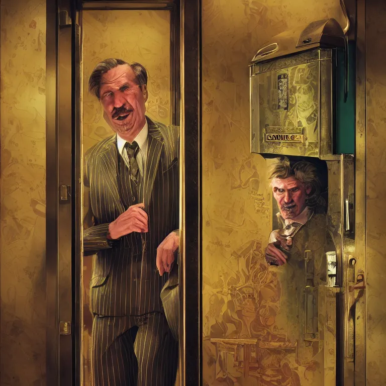 Image similar to professional octane render portrait by wayne barlow and carlo crivelli and glenn fabry, a sinister man in a bright colorful saturated wes anderson elevator operator costume inside a dark and moody vintage elevator in a high - end exotic vintage boutique hotel, very short depth of field, very sharp, high clarity