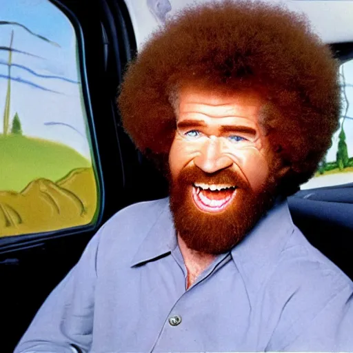 Prompt: bob ross hanging outside of a car window and screaming on a bad acid trip