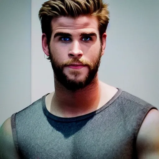 Image similar to “a realistic detailed photo of a guy who is an attractive humanoid who is half robot and half humanoid, who is a male android, actor Liam Hemsworth, shiny skin, posing like a statue, blank stare, at the museum, on display”