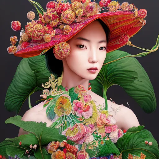 Image similar to the portrait of an absurdly beautiful, graceful, elegant, sophisticated asian woman made of strawberries and green petals, an ultrafine hyperdetailed illustration by kim jung gi, irakli nadar, intricate linework, bright colors, octopath traveler, final fantasy, unreal engine 5 highly rendered, global illumination, radiant light, detailed and intricate environment