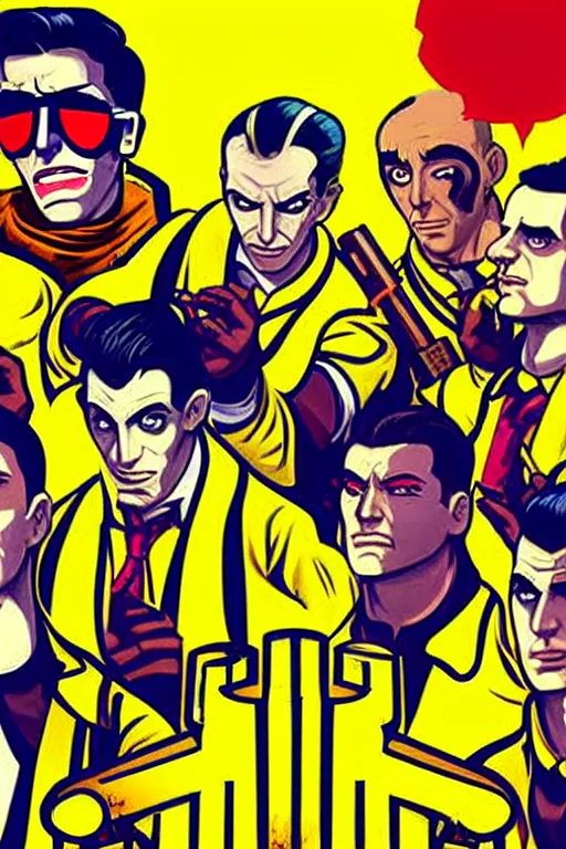 Image similar to 6 member from saints gangs wear yellow bandana, some of member have mustard. pop art, bioshock infinite art style, arstation trending, accurate, detailed, unembellished depiction of nature or of contemporary life, gta chinatown wars art style, art by richard hamilton and mimmo rottela