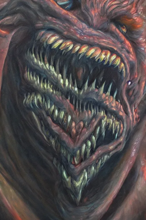 Image similar to oil painting, close-up, hight detailed, portrait of hell beast showing his teeths, in style of 80s sci-fi art