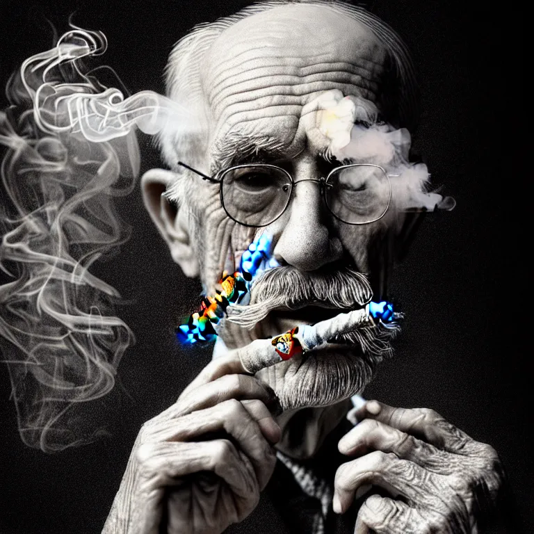 Image similar to a intricately detailed portrait of an old man, smoking a lit symmetrical cuban cigar in an pub, cinematic photography, smoke rising like clouds, beautifully symmetrical, super resolution, cgi, trending on art station, volumetric lighting & shadows, hyper detailed, 8 k, digital art, unreal engine, in the style of a escher, canon 2 0 0 mm,
