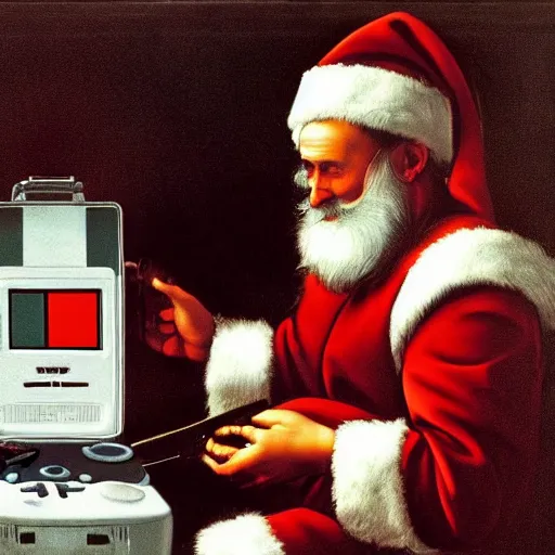 Prompt: Father Christmas playing with a nintento Gameboy Painted by Caravaggio