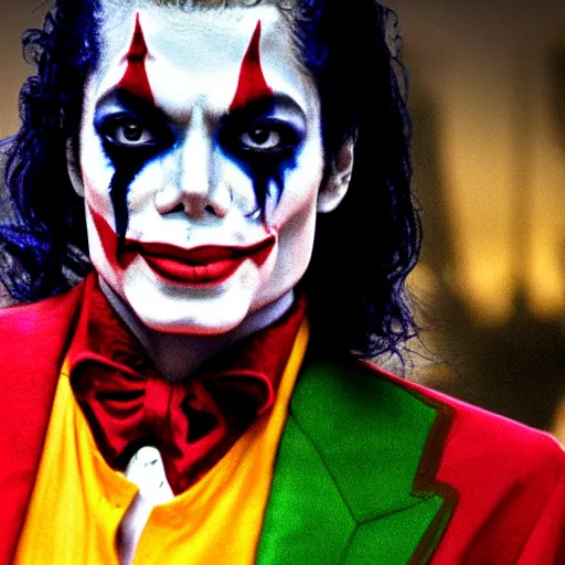 Image similar to stunning awe inspiring michael jackson as the joker, movie still 8 k hdr atmospheric lighting