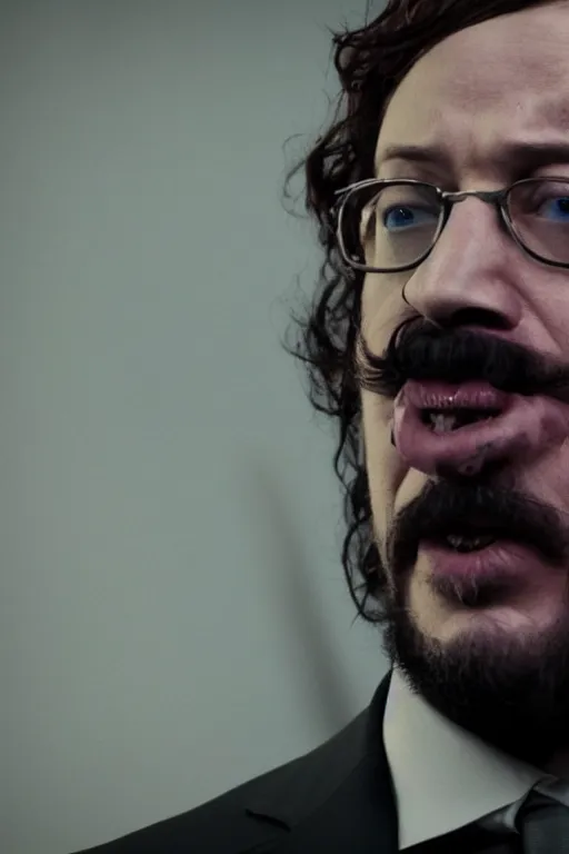 Image similar to A still of Sam Hyde as John Wick, close-up, sigma male, rule of thirds, award winning photo, unreal engine, studio lighting, highly detailed features, raining, ethereal lighting