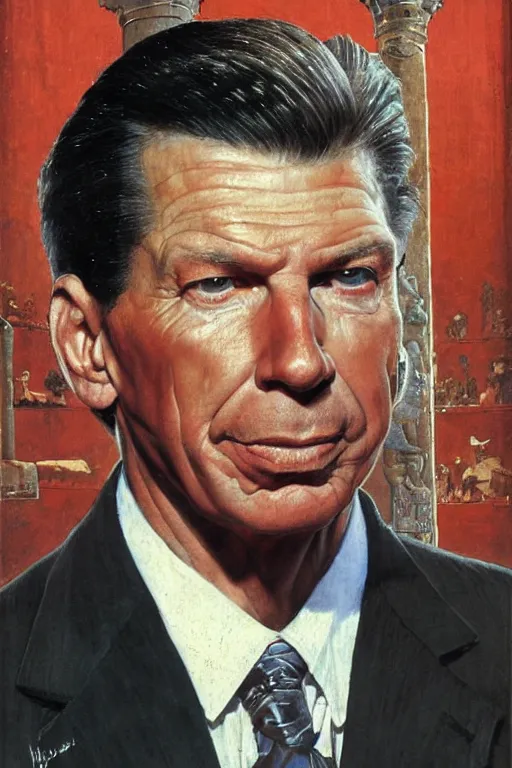 Prompt: a closer personal portrait of vince mcmahon with very piercing eyes, very charismatic. in the old ancient temple of luxor. masterpiece, dark. painted by norman rockwell and james gurney