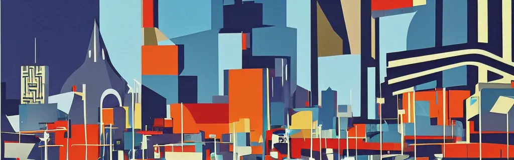 Prompt: coventry city centre, modernism, gouache, animated film, stylised, illustration, by eyvind earle, scott wills, genndy tartakovski, syd mead