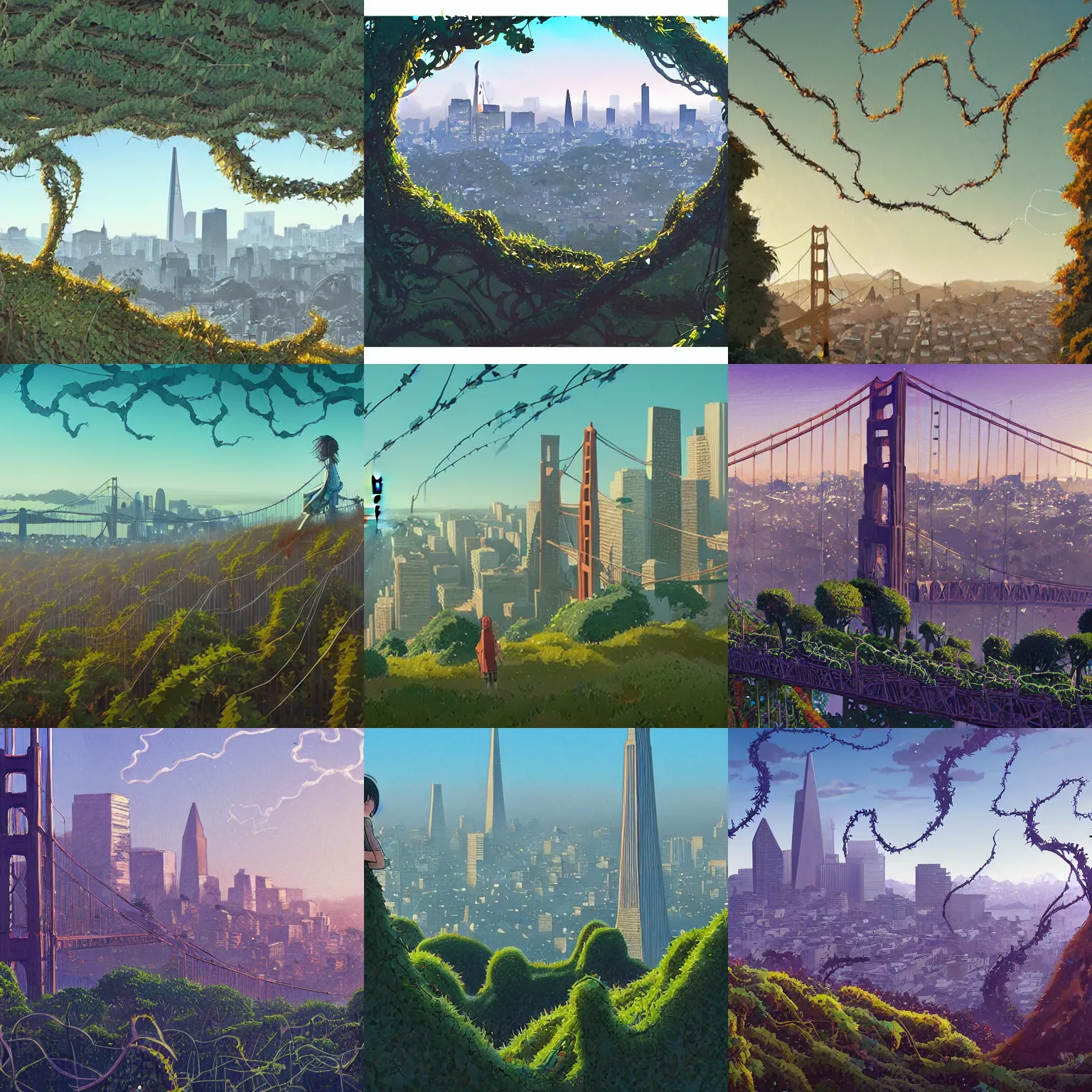 Prompt: Naturecore San Francisco skyline covered in vines by Studio Ghibli and Greg Rutkowski, artstation