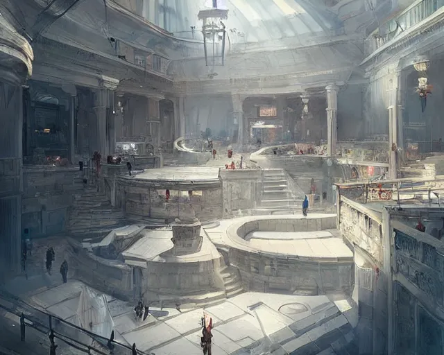 Prompt: a mall in the style of ancient republican greece, art by greg rutkowski and artgerma, stunning concept art, interior design architecture