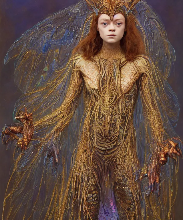 Prompt: a portrait photograph of a fierce sadie sink as a strong alien harpy queen with amphibian skin. she trying on a glowing and fiery lace shiny metal slimy organic membrane parasite dress and transforming into an evil insectoid snake bird. by donato giancola, walton ford, ernst haeckel, peter mohrbacher, hr giger. 8 k, cgsociety