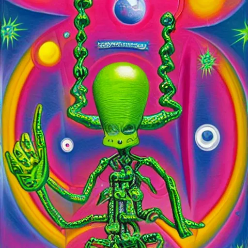 Prompt: a strange humanoid alien somewhere in the cosmos by kenny scharf
