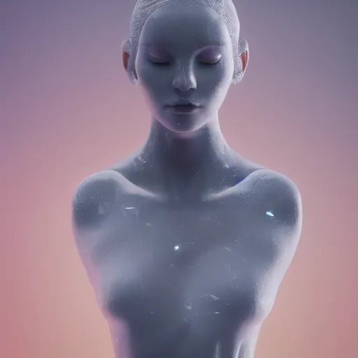 Prompt: abstract female sculpture made of white marble and amethyst crystals quartz, ethereal lights, fine details, artstation, film still, cinematic photoshooting, luxury, golden filigree, octane render