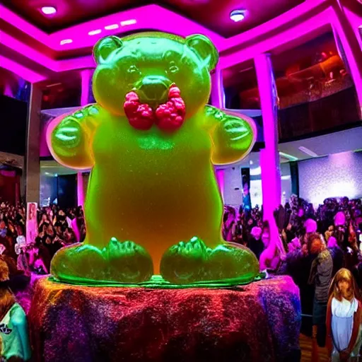 Image similar to stunning image of a giant gummy bear on a pedestal, many people worshipping.